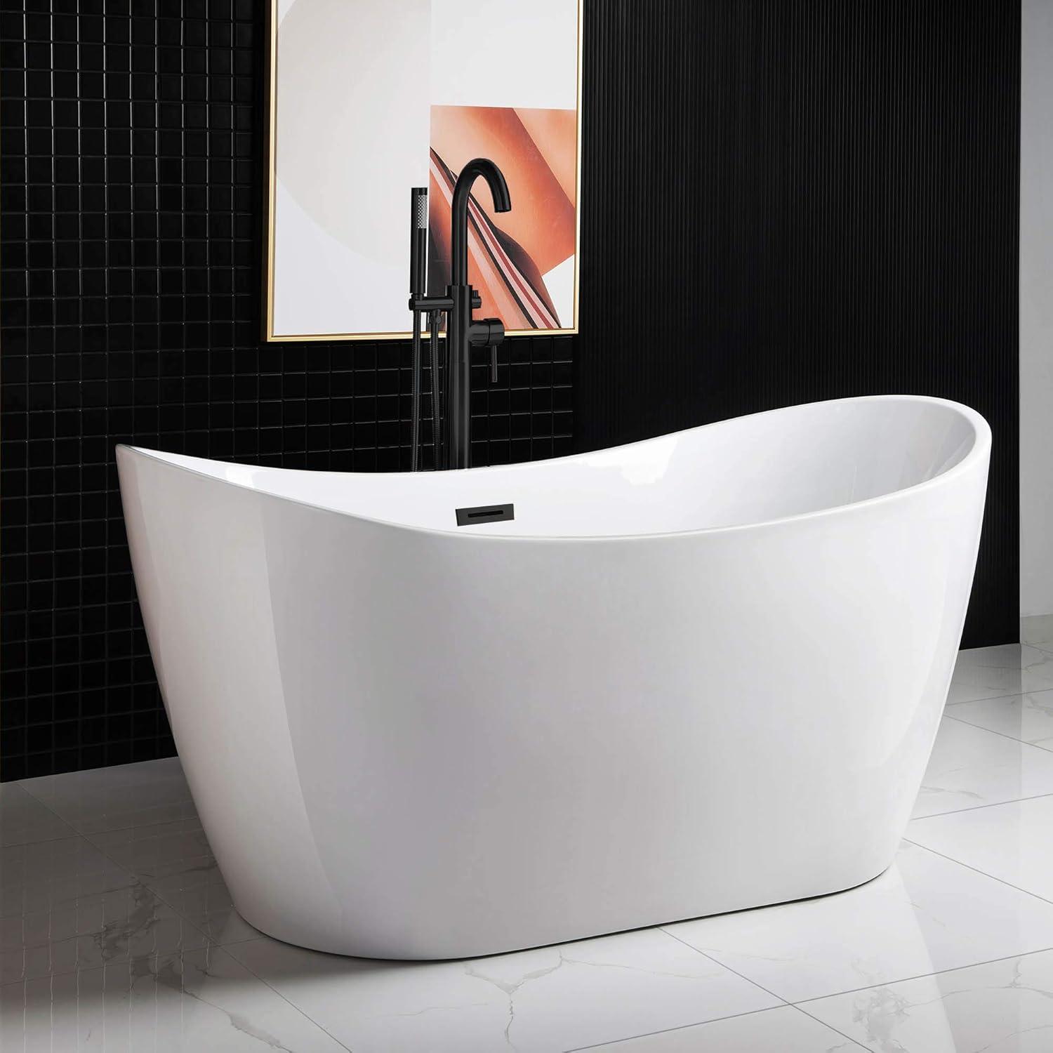 WoodBridge 59" x 28.75" Freestanding Soaking Acrylic Double Slipper Bathtub, Non-Slip Bottom Design B0016 -MB-Drain &O