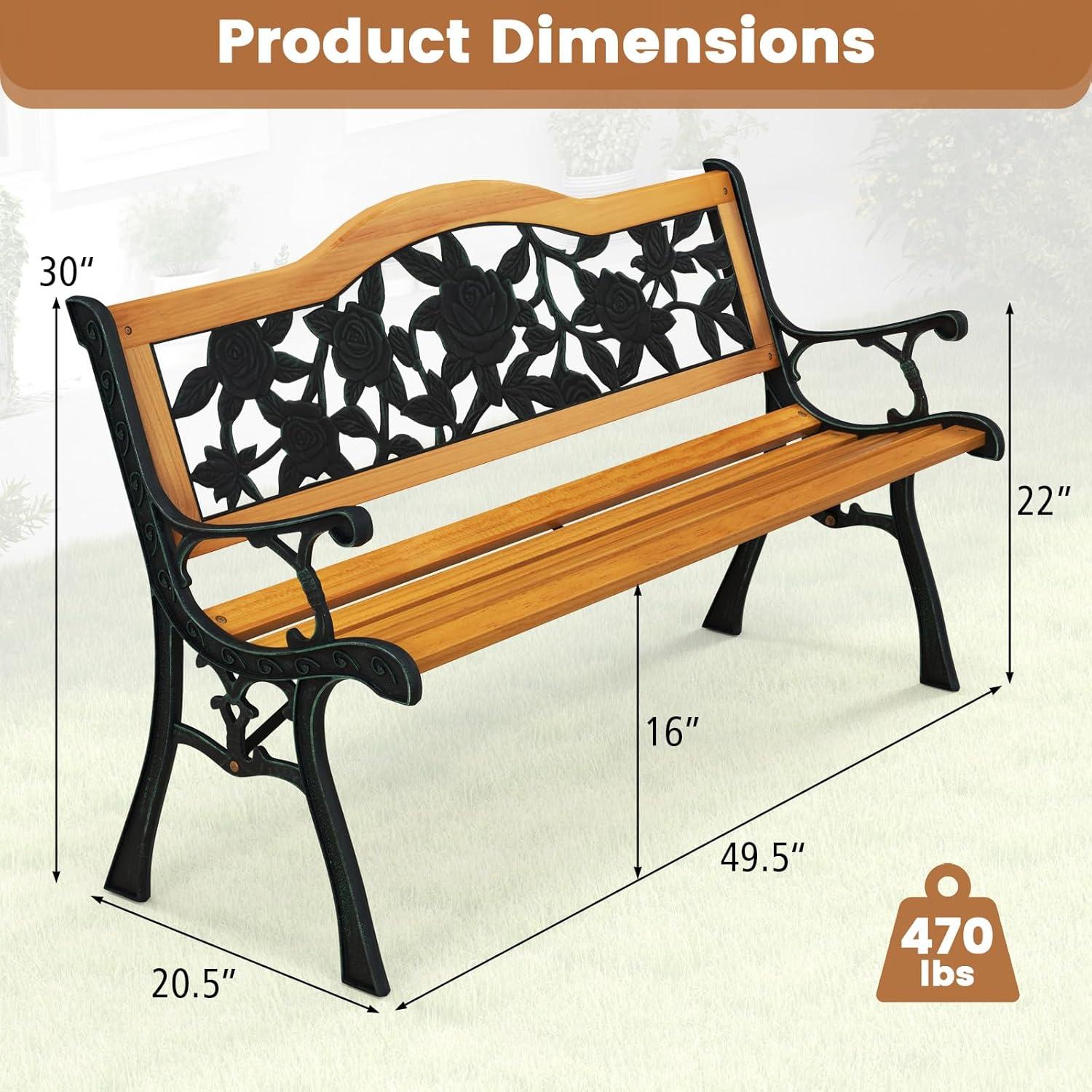 Tangkula Garden Cast Iron Bench Porch Path Loveseat Hardwood Chair for Patio Park