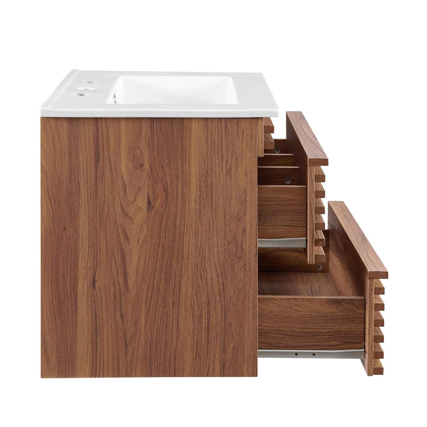 Modway Render 24" Wall-Mount Bathroom Vanity – Mid-Century Modern Floating Sink Cabinet in Walnut and White Finish