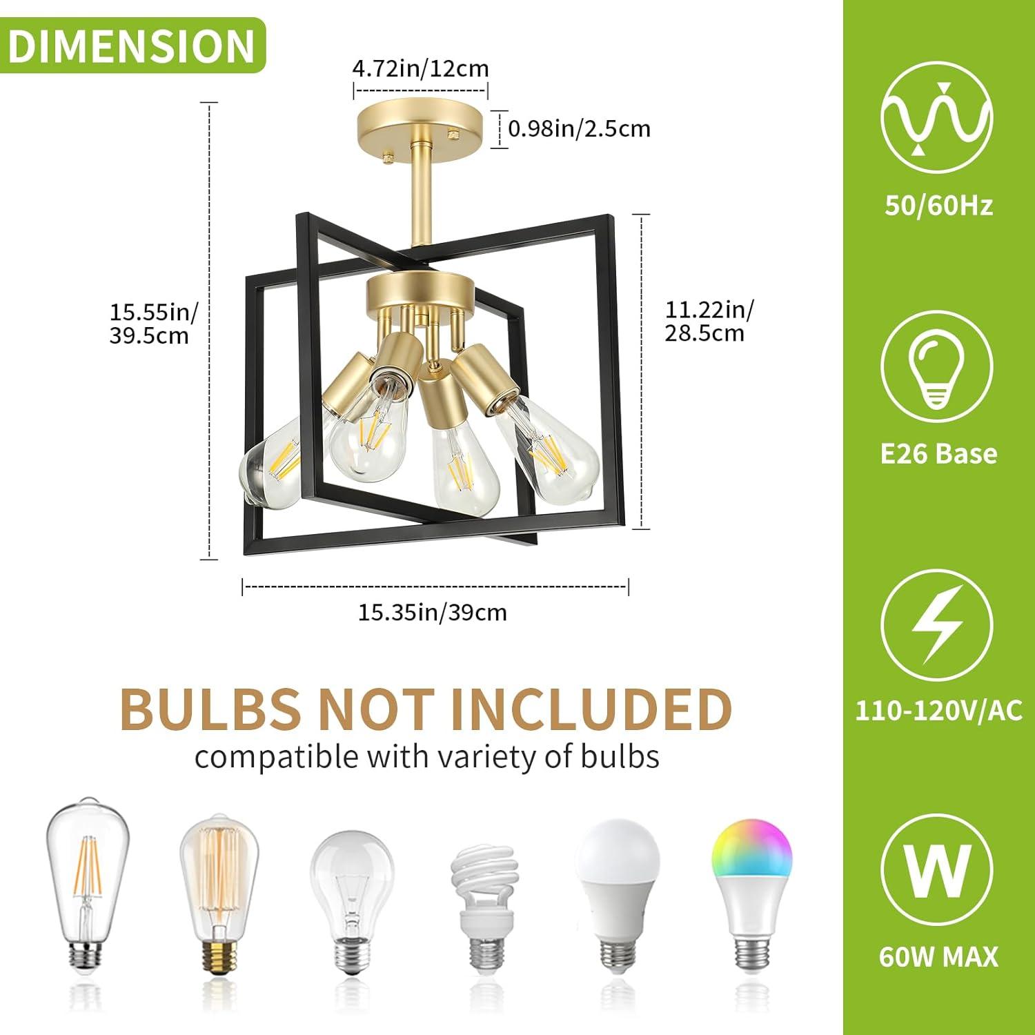 Modern Industrial Semi Flush Mount Ceiling Lighting, Farmhouse Black Gold Close to Ceiling Light Fixture, 4-Light Metal Square Ceiling Light