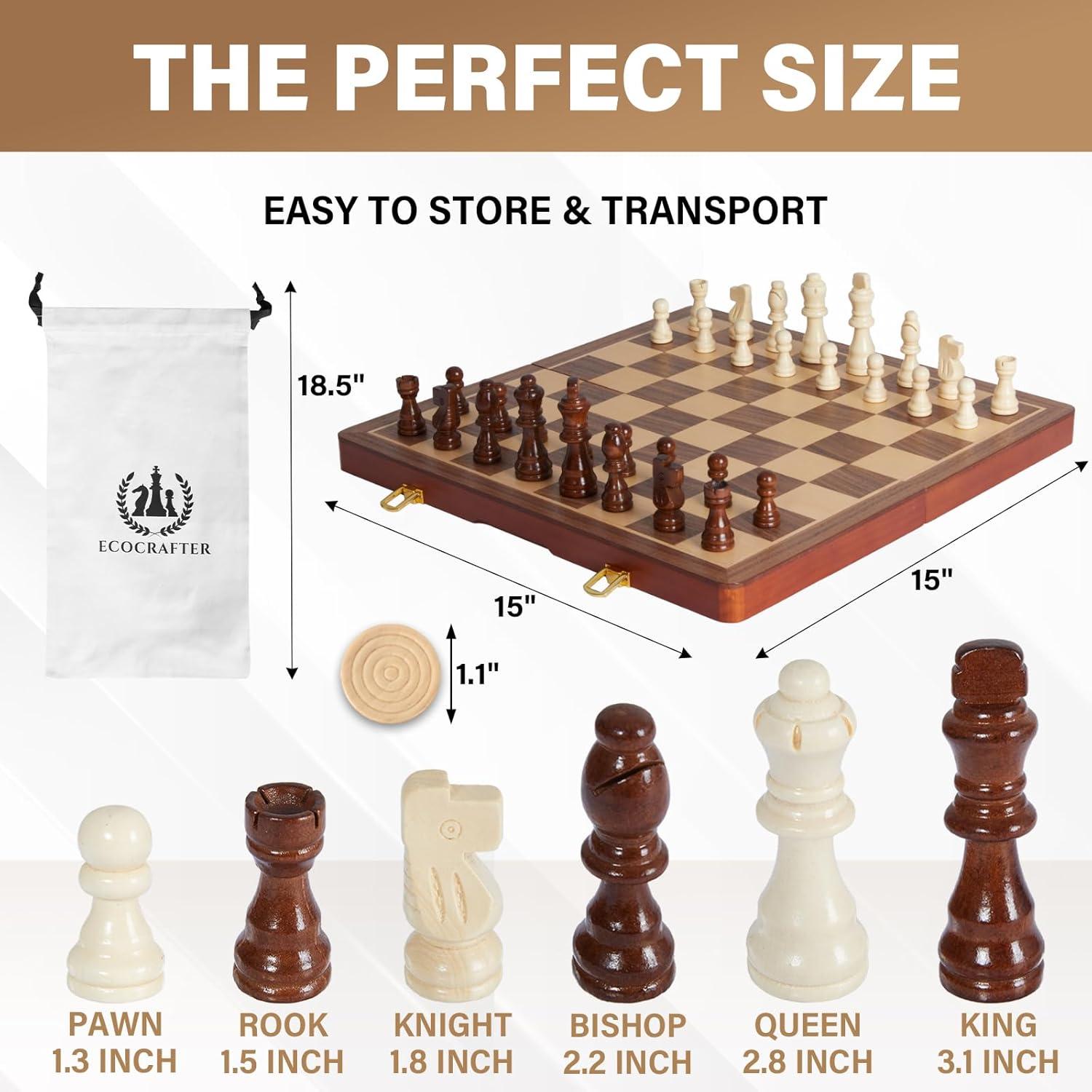 KiddiTouch 15 inch Magnetic Wooden Chess Set 2 in 1 Folding Chess Board Travel Chess Games for Adults and Kids-2 Extra Queen Pieces