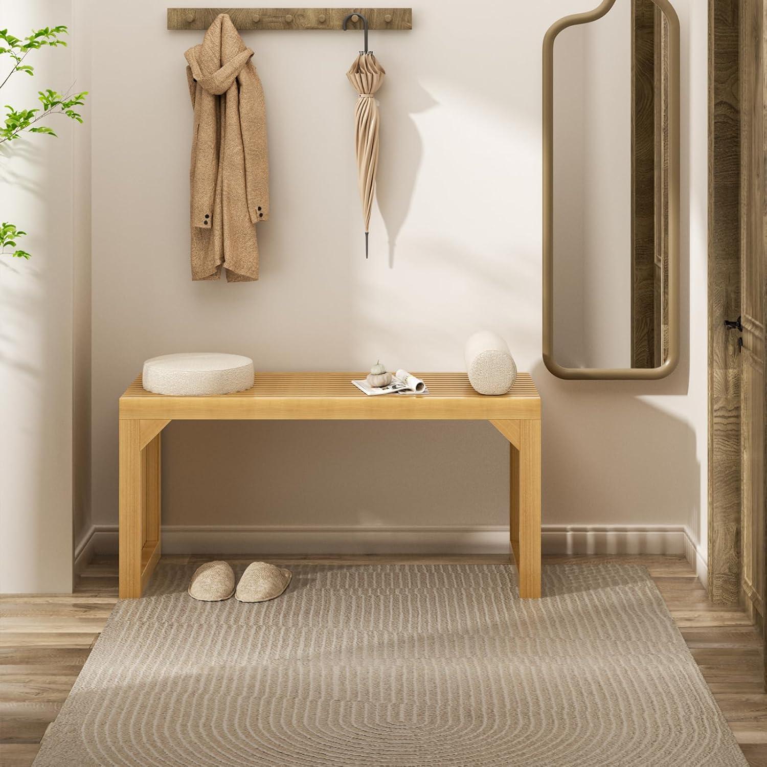 35" Solid Wood Bench, Nature Entryway Bench with Storage for Entryway, Living Room, Kitchen