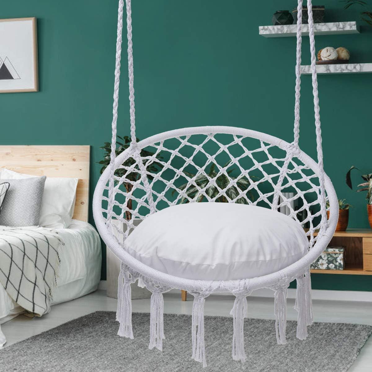 Hammock Chair Macrame Swing, Max 330 Lbs, Hanging Cotton Rope Hammock Swing Chair for Indoor Outdoor Home Patio Deck Yard Garden Reading Leisure Lounging, Hammock Chair+Cushion+Acce