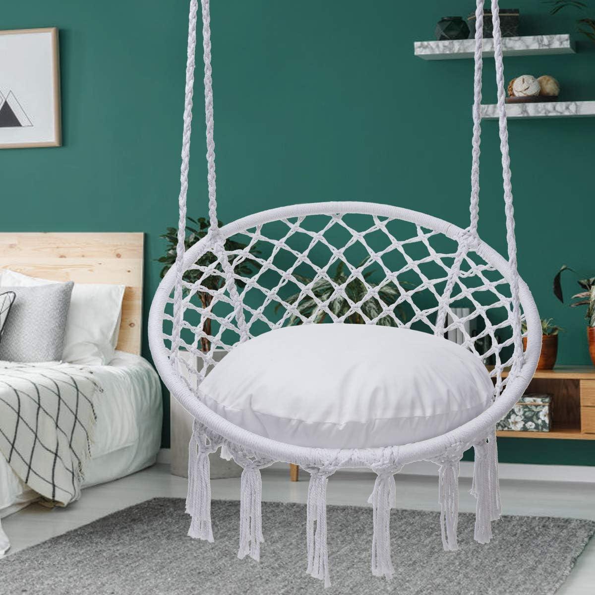 White Cotton Rope Hanging Hammock Chair with Cushions