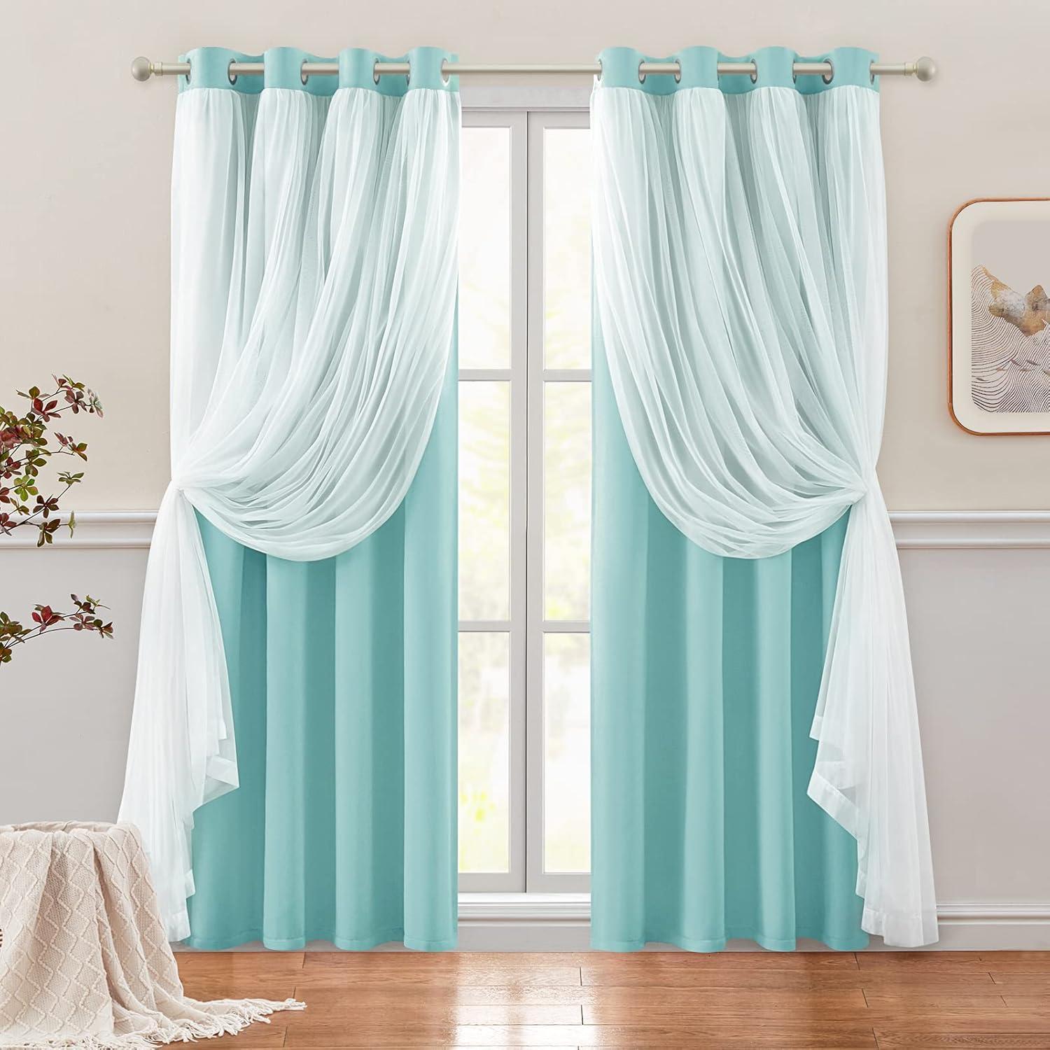 Set of 2 (84"x52") Caterina Layered Solid Blackout with Sheer Top Curtain Panels Aqua - Exclusive Home: Room Darkening, Thermal Insulated