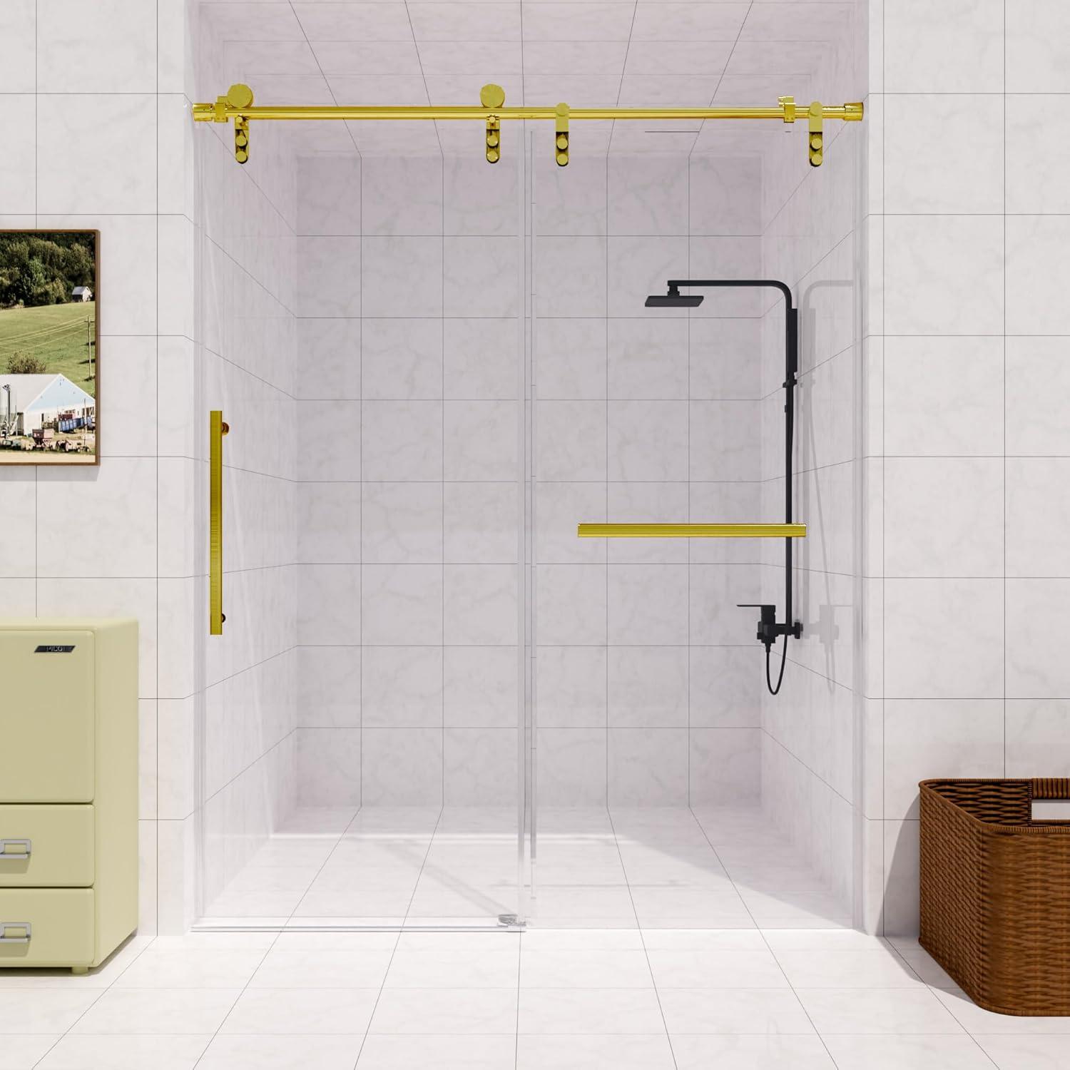 Gold Frameless Sliding Shower Door with Clear Glass and Stainless Steel Handle