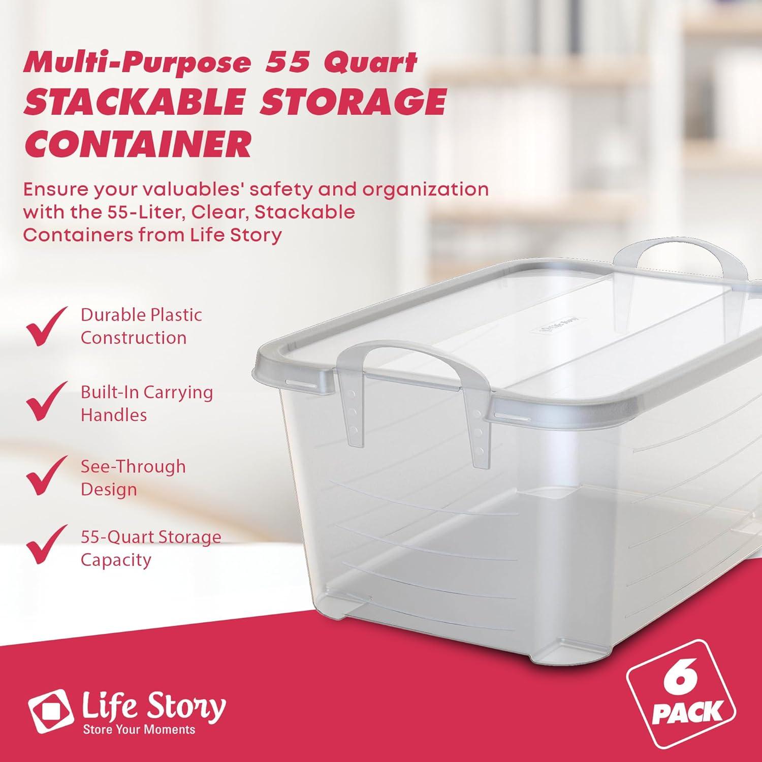 Life Story Multi-Purpose 55 Quart Stackable Storage Container with Secure Snapping Lids for Home Organization