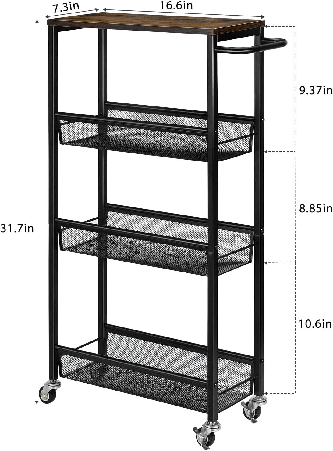 NANANARDOSO 4 Tier Slim Storage Cart, Shelving Unit for Small Space, Rolling Cart with Wooden Top and Metal Handle for Narrow Space on Kitchen, Bathroom, Laundry Room, Black.