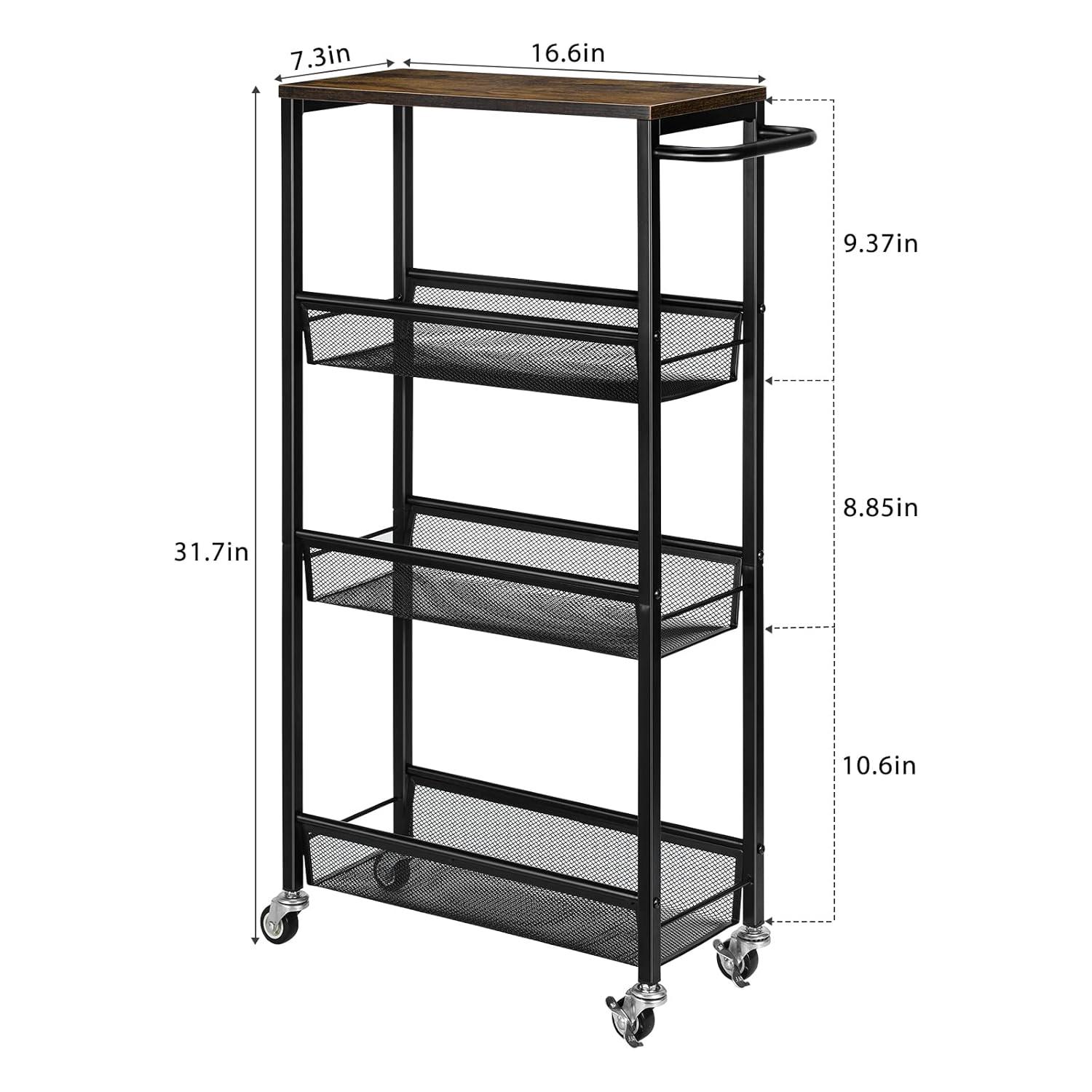 NANANARDOSO 4 Tier Slim Storage Cart, Shelving Unit for Small Space, Rolling Cart with Wooden Top and Metal Handle for Narrow Space on Kitchen, Bathroom, Laundry Room, Black.