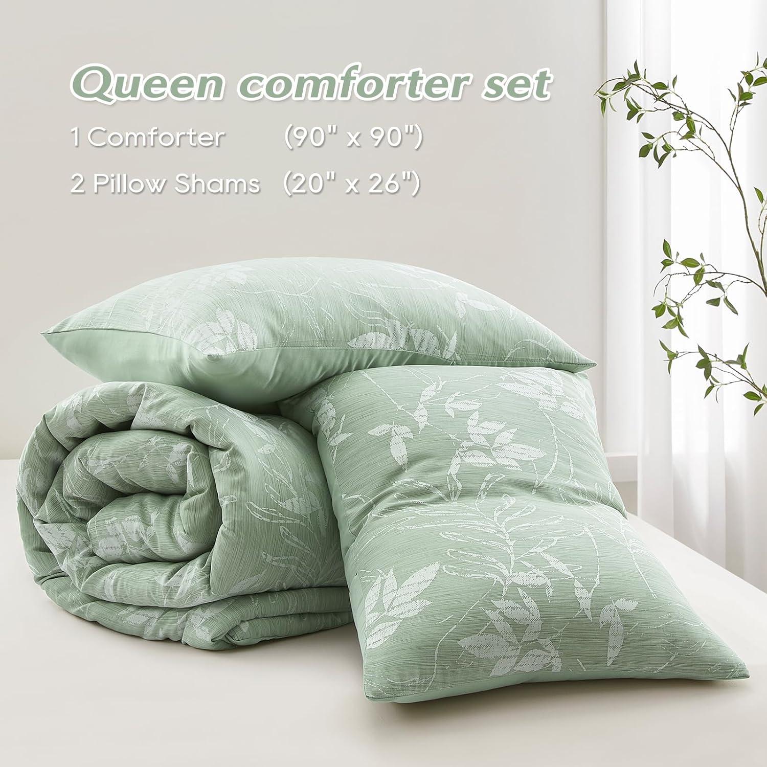 Queen - Sage Green , Cute Floral Beddings, 3 Pieces, 1 Soft Reversible Botanical Flowers