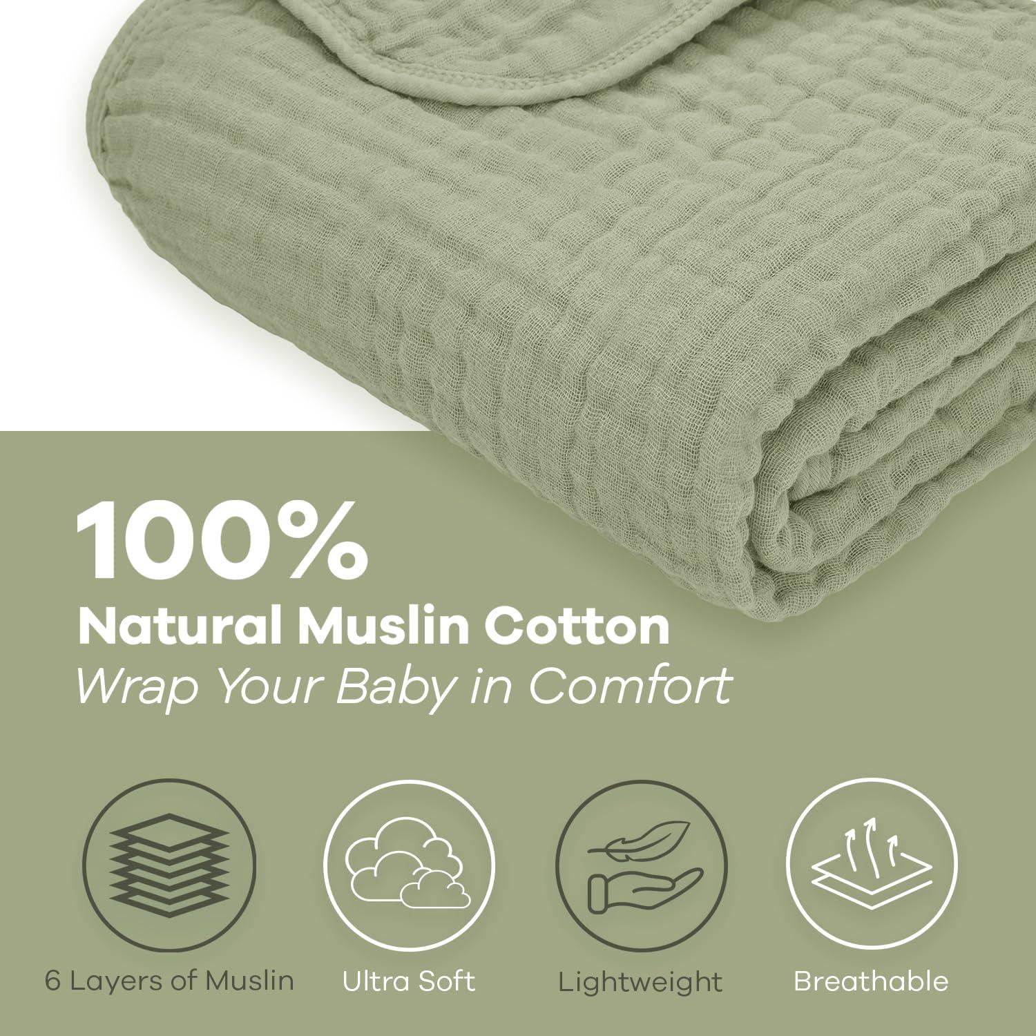 Sage Muslin Cotton Baby Blanket with 6-Layer Plush Softness