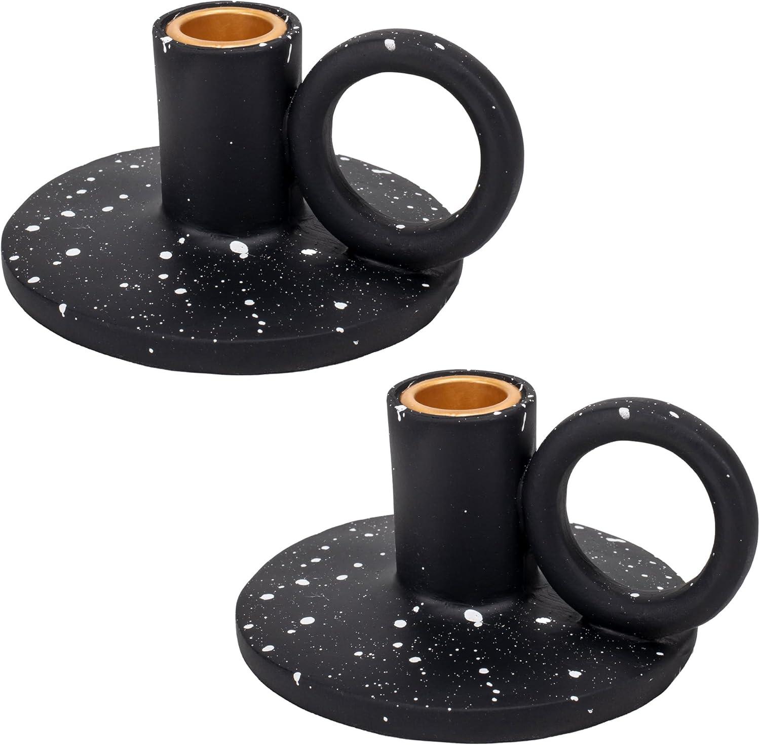 Elanze Designs Ribbed Ceramic , Mantle Decorations, Dining Table Centerpiece, Artisan, Candlestick Holder for Tapered Candles, Pack of 2, Black