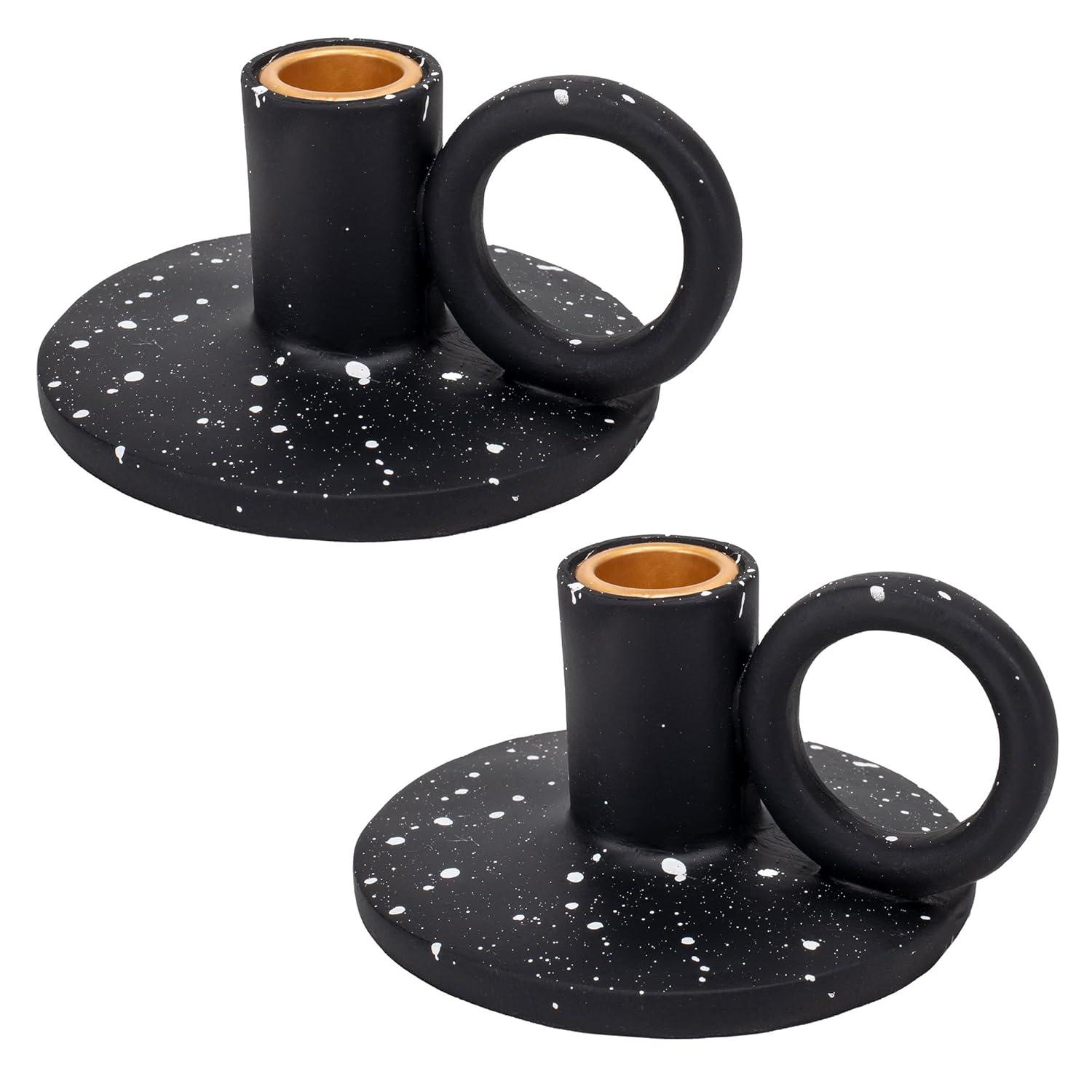 Elanze Designs Ribbed Ceramic , Mantle Decorations, Dining Table Centerpiece, Artisan, Candlestick Holder for Tapered Candles, Pack of 2, Black