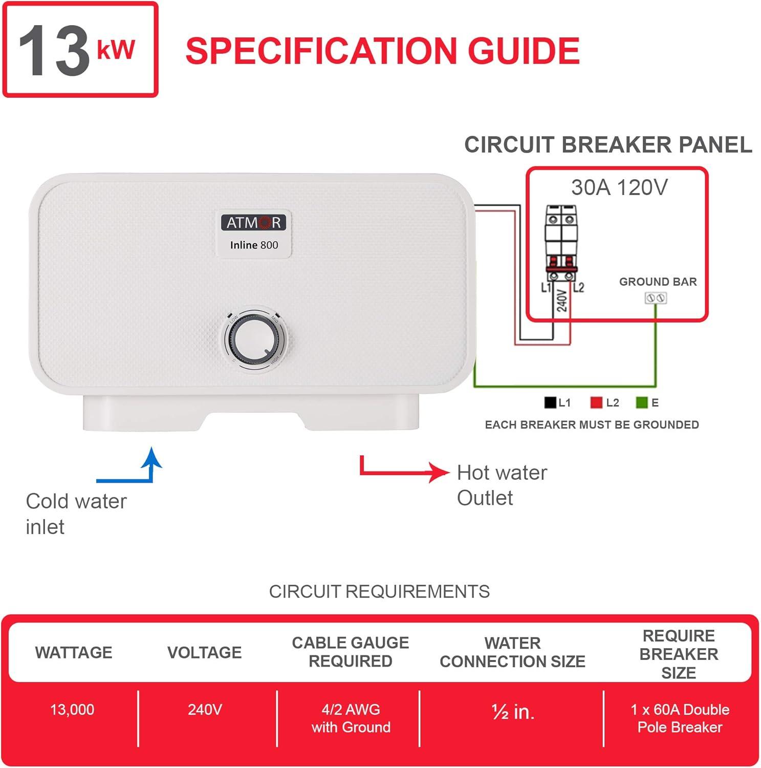 Atmor 13kW/240V Electric Tankless Water Heater Includes Pressure Relief Device, Ideal for a Full Bathroom