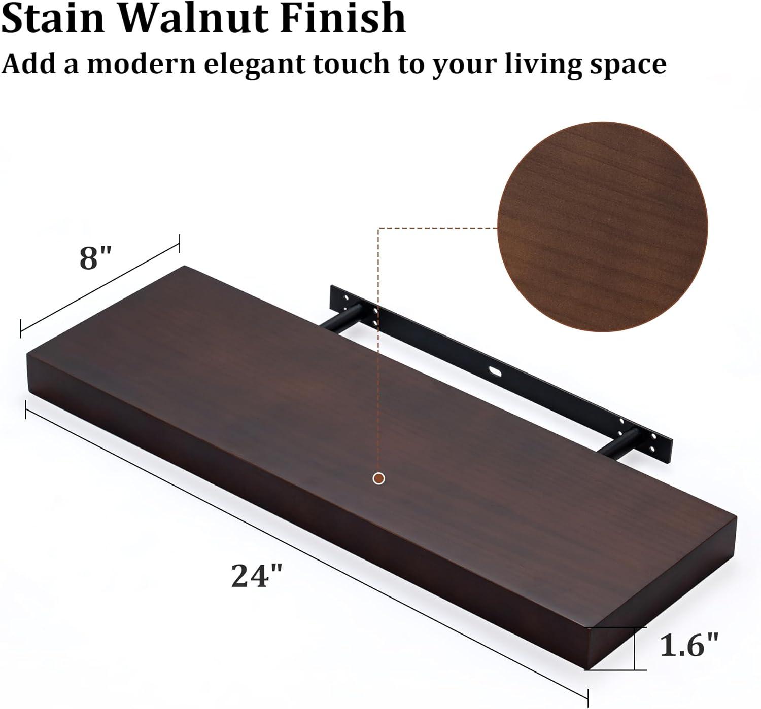 24 Inch Floating Shelves Set of 2, Rustic Solid Wood Wall Mounted Shelves for Decor & Storage, Dark Walnut Shelves for Bedroom Kitchen Living Room - Dark Walnut