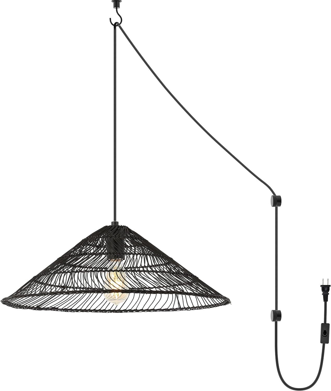 Nova 20.25" Black Rattan Cone LED Pendant with Adjustable Cord