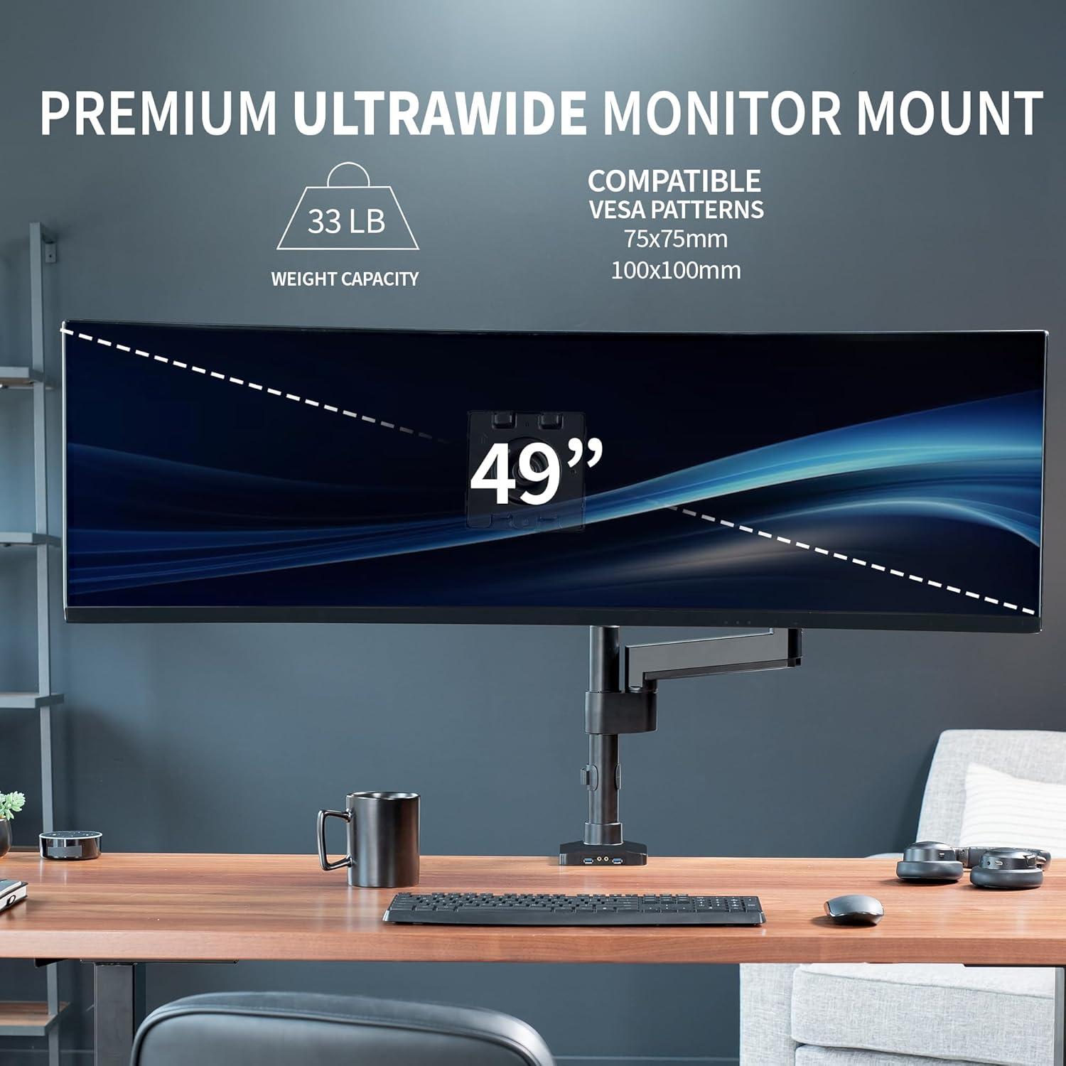 Pneumatic Arm Single Monitor Desk Mount with USB