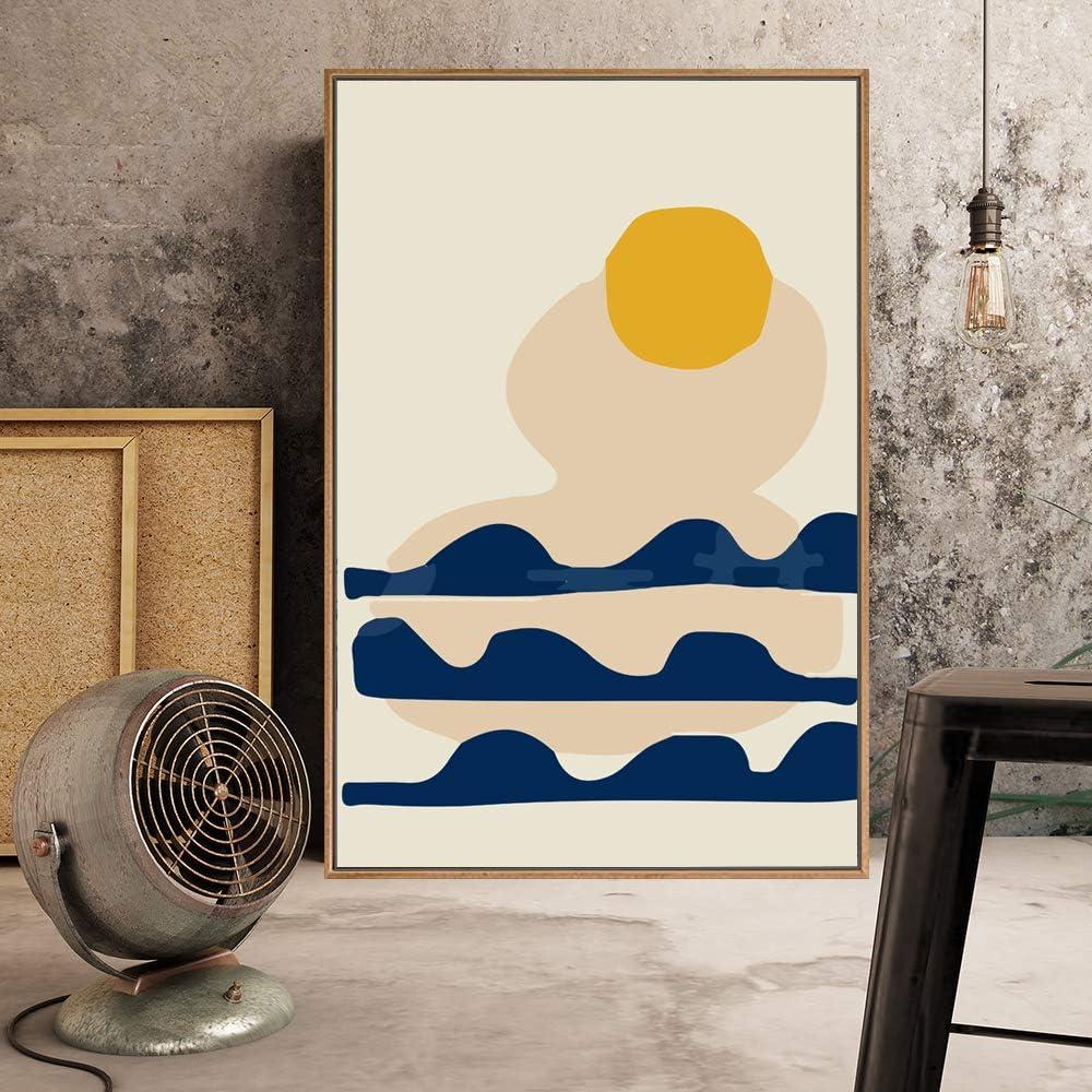 Yellow Sun Over Blue Waves Abstract Framed Canvas Print