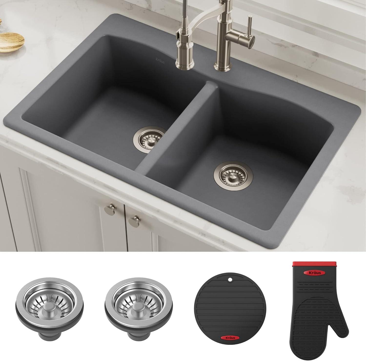 KRAUS Forteza™ 33" L Dual Mount 50/50 Double Bowl Granite Kitchen Sink