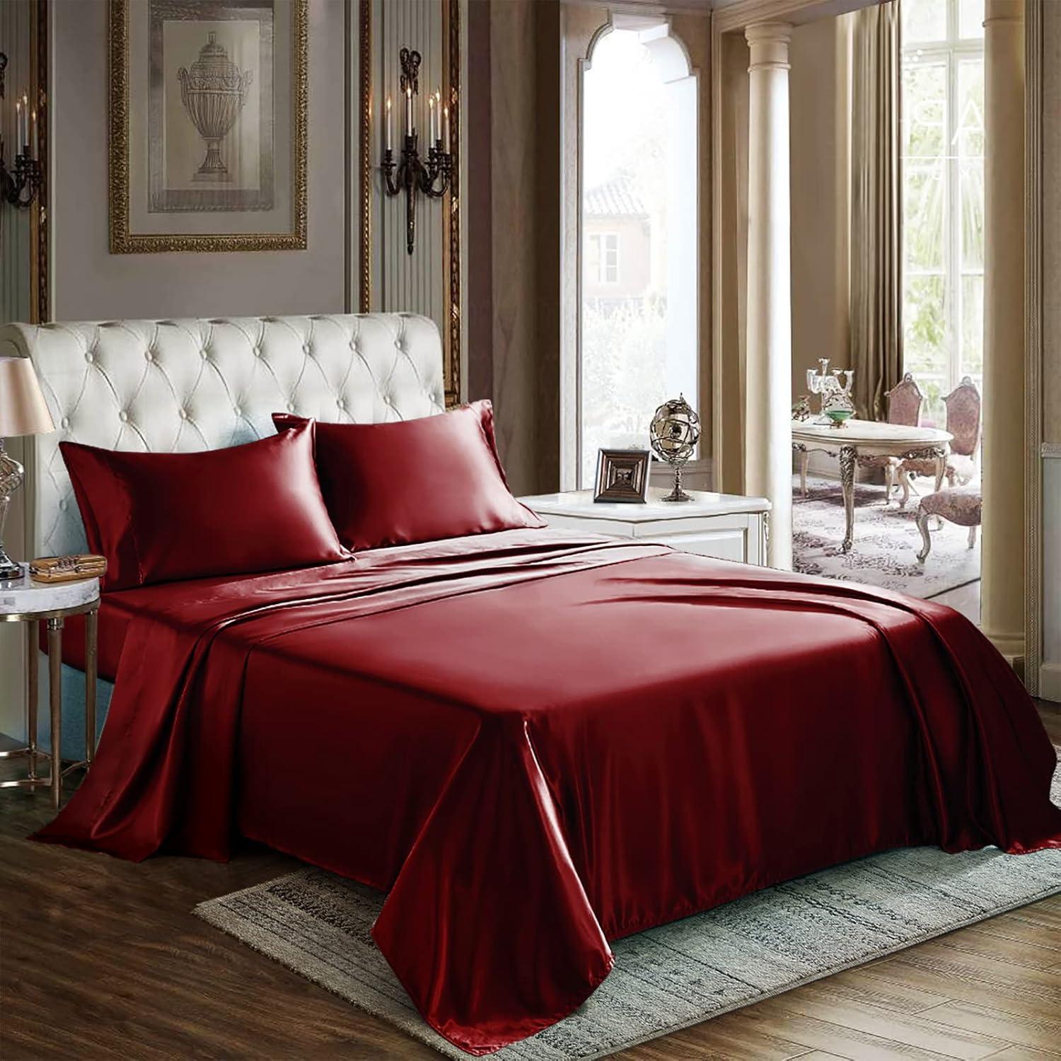Cloud Fino Luxurious Satin Bed Sheets Burgundy Silk Sheets King 15 " Deep Pocket Pillowcases Sheet, 4-Piece