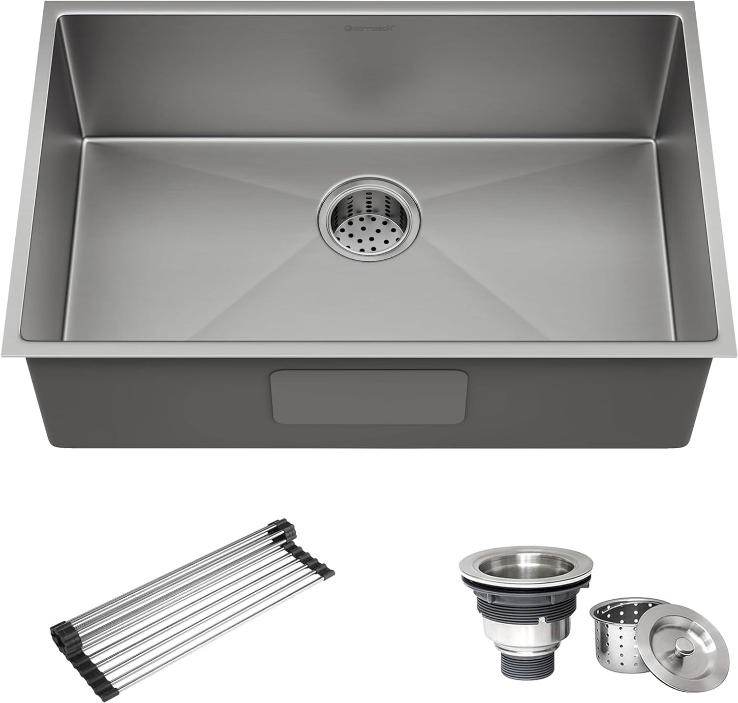 Hupicker 30 Inch Kitchen Sink for Single Bowl,Undermount Kitchen Sink Stainless Steel Sink 16 Gauge Kitchen Sinks with Accessories, Easy Drain and Low Noise 30"*18"*10"