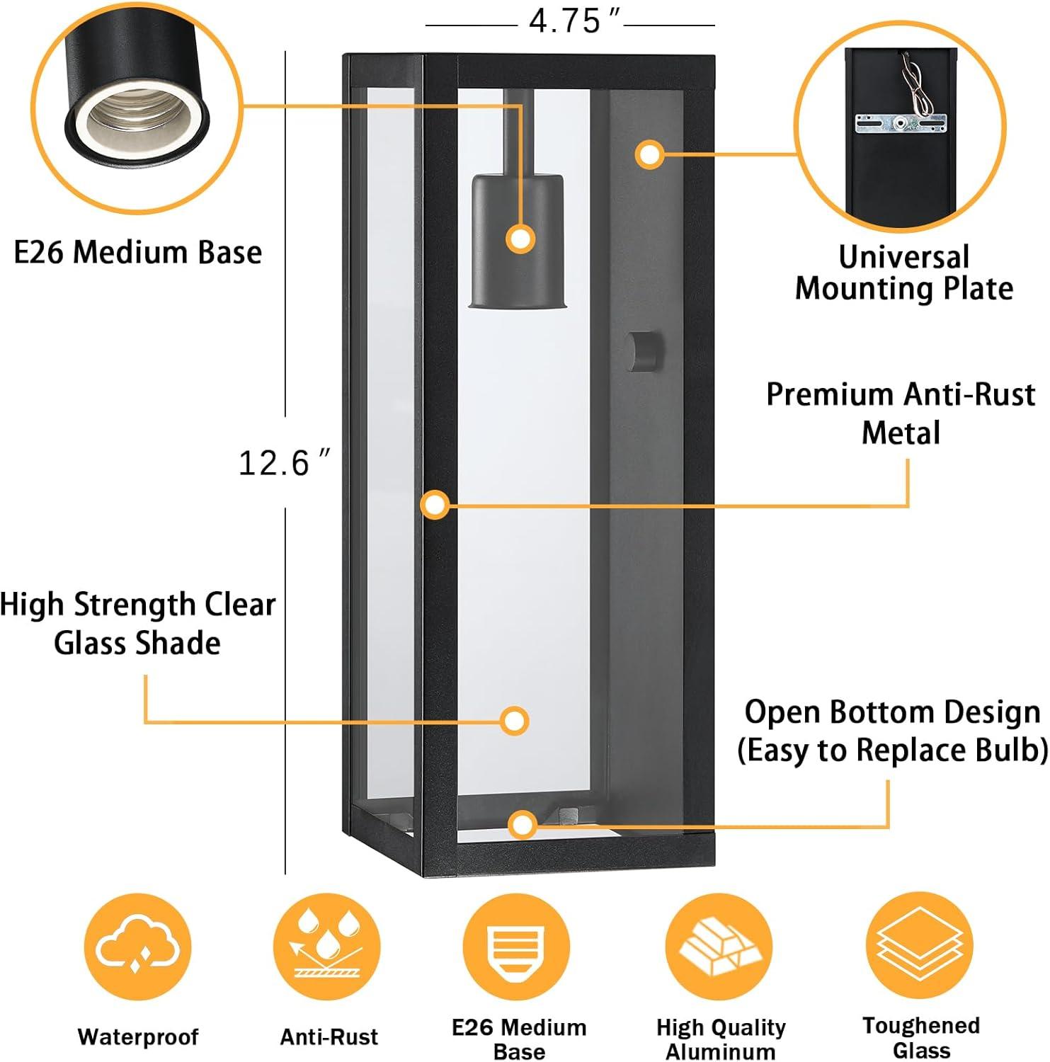 2-Pack Outdoor Wall Lanterns, Exterior Waterproof Wall Sconce With Glass Shades, Matte Black Porch Lights Wall Mounted, Anti-Rust E26 Modern Wall Lighting Fixtures