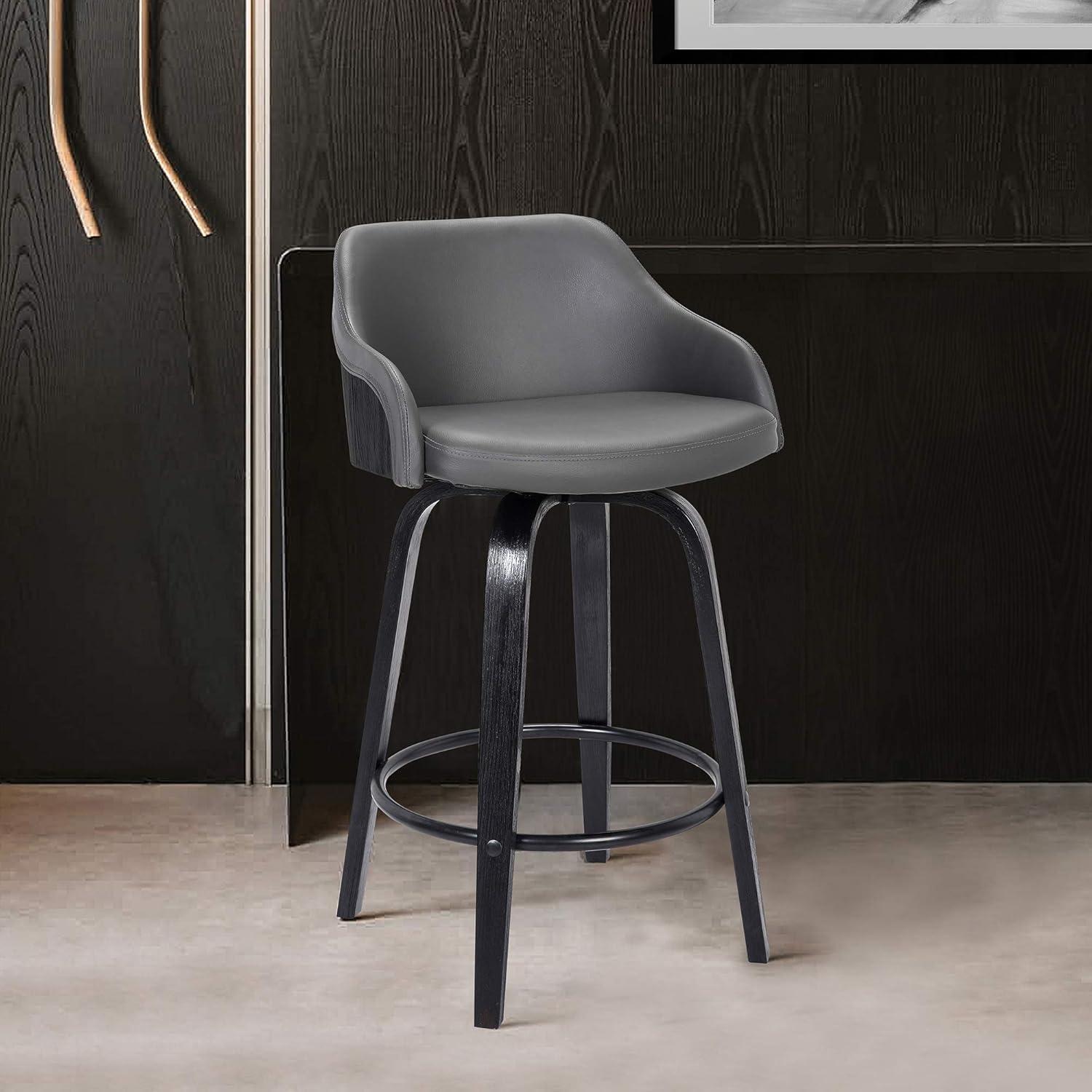 Alec Contemporary Black Wood & Grey Faux Leather Swivel Barstool, 30"