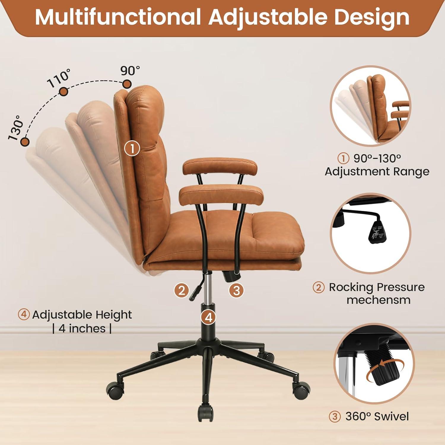 Brown Office Chair Leather High Back Swivel Desk Chair,Faux Leather Executive Upholstered Chair for Home Office, Max 400lbs