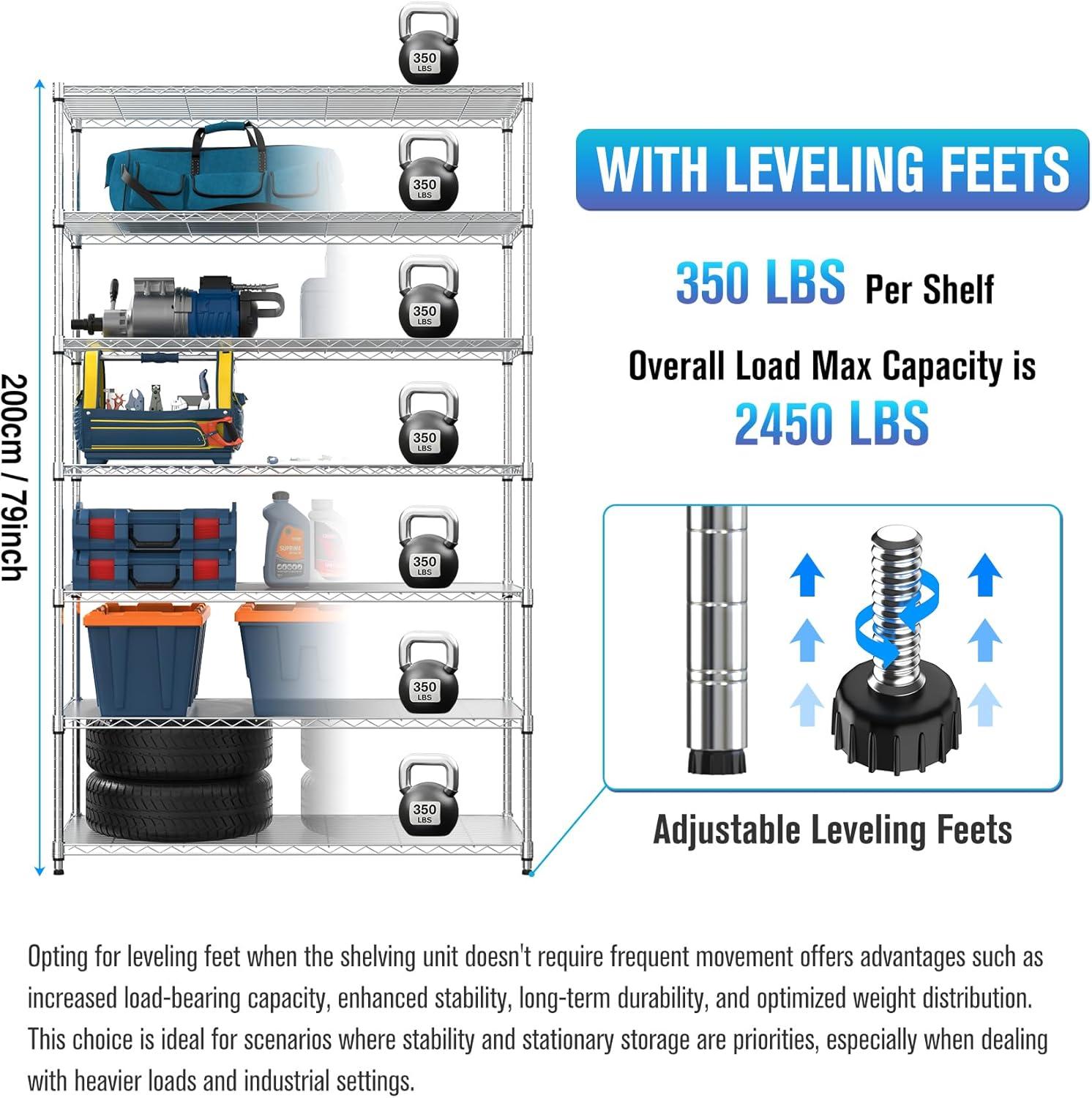 Chrome NSF 7 Tier Metal Shelf Wire Shelving Unit, 2450lbs Heavy Duty Adjustable Storage Rack with Wheels & Shelf Liners for Closet Kitchen Garage Basement Commercial Shelving - 82" H x 48" L x 18" D