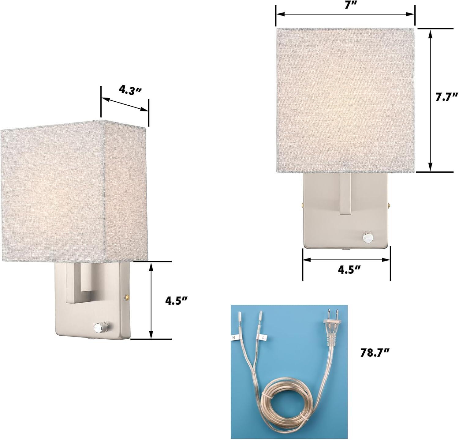 Claxy Brushed Nickel Plug in Wall Sconce with Square Fabric Shade and Switch Set of 2