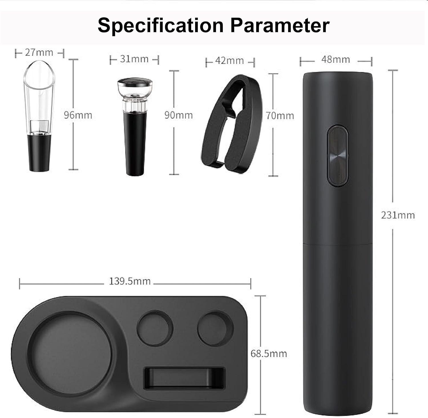 Rechargeable Electric Wine Opener, 5 in 1 set with Automatic Electric Wine Bottle Corkscrew Opener, Foil Cutter, Vacuum Stopper, Wine Pourer and Storage Charging Stand