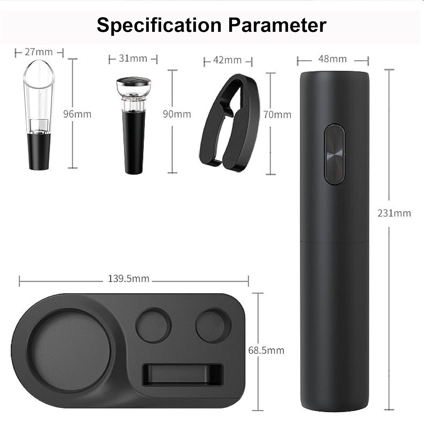 Electric Wine Opener Set, Rechargeable Electric Wine Bottle Opener with Charging Base, Foil Cutter, Wine Aerator and Vacuum Stopper, Gifts for Wine Lovers, Black