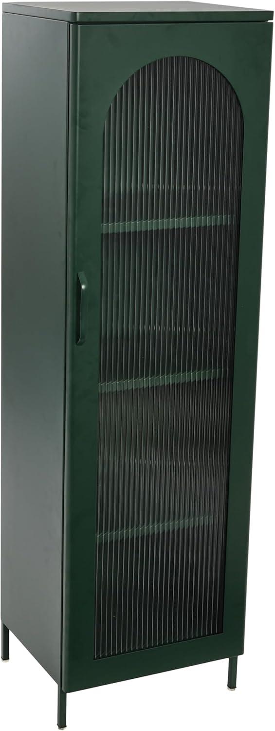 Storied Home Tall Metal Accent Cabinet: Arched Glass, 4 Shelves, Dark Green, 57" H
