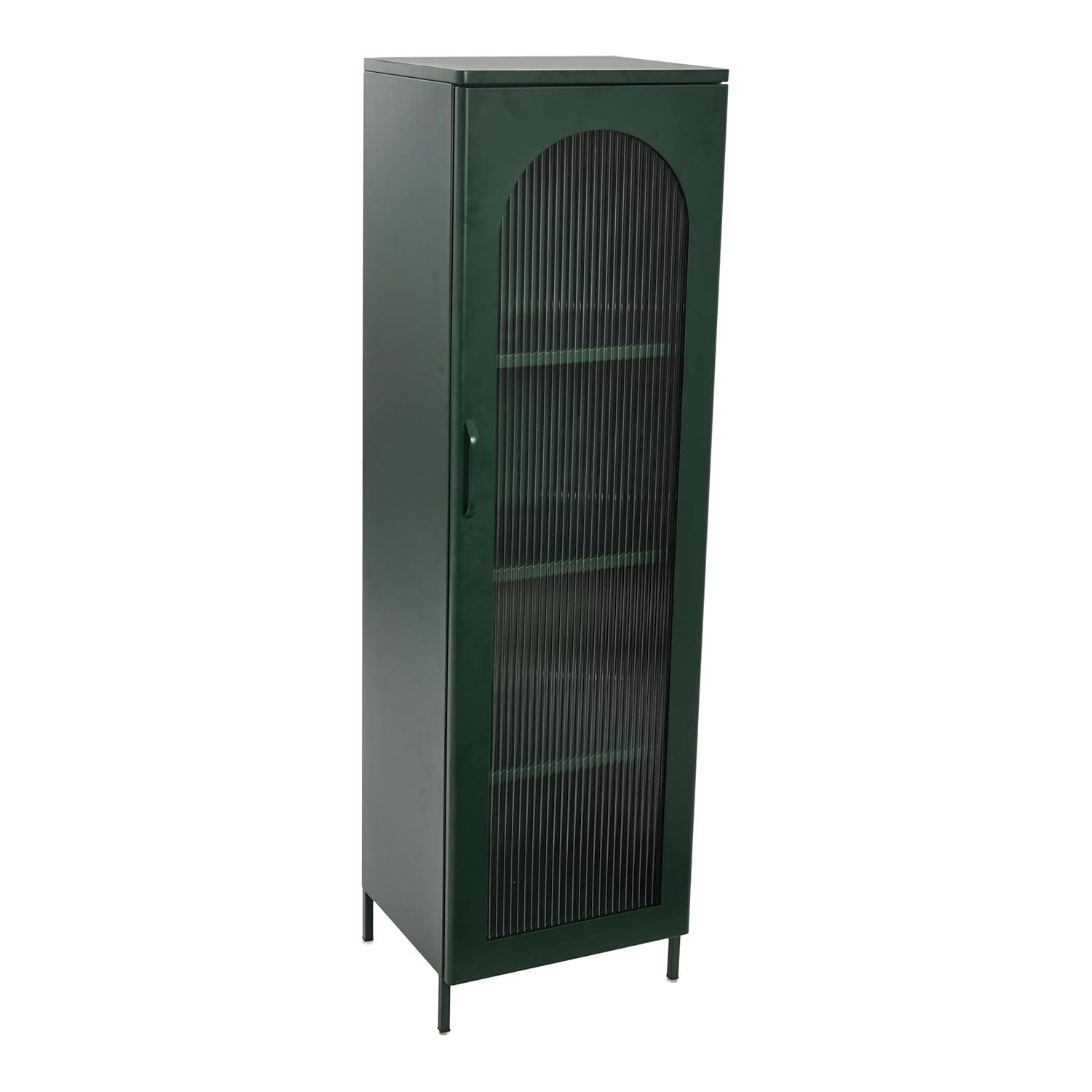 Storied Home Tall Metal Accent Cabinet: Arched Glass, 4 Shelves, Dark Green, 57" H