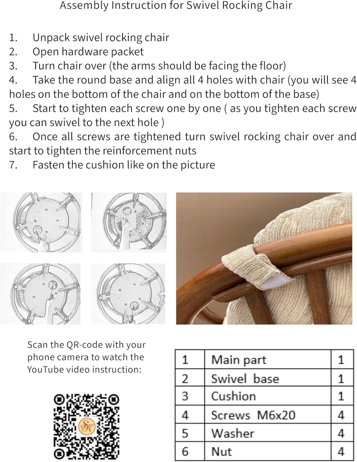 Java Lounge Swivel Rocking Chair with Cream Cushion Natural Rattan Wicker Handmade, Colonial