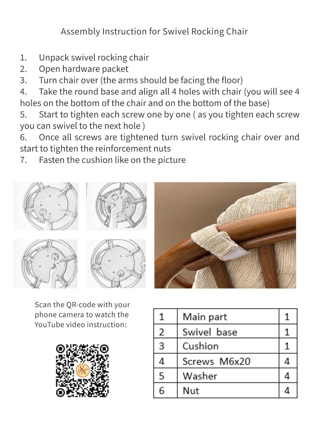 Java Lounge Swivel Rocking Chair with Cream Cushion Natural Rattan Wicker Handmade, Colonial