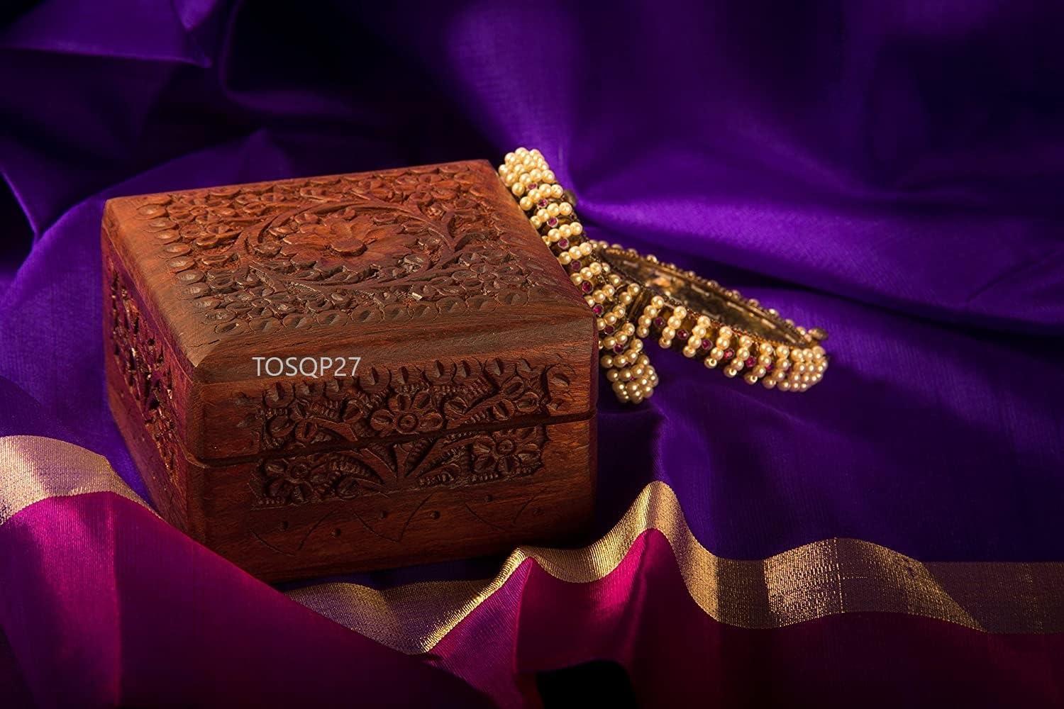 TOSQP27 Jewelry Box Gift for Women Men Girls Mom Mother Sister Father Gifts Novelty Unique Artisan Travel Portable Case Hand Carved Rosewood Jewel Organizer