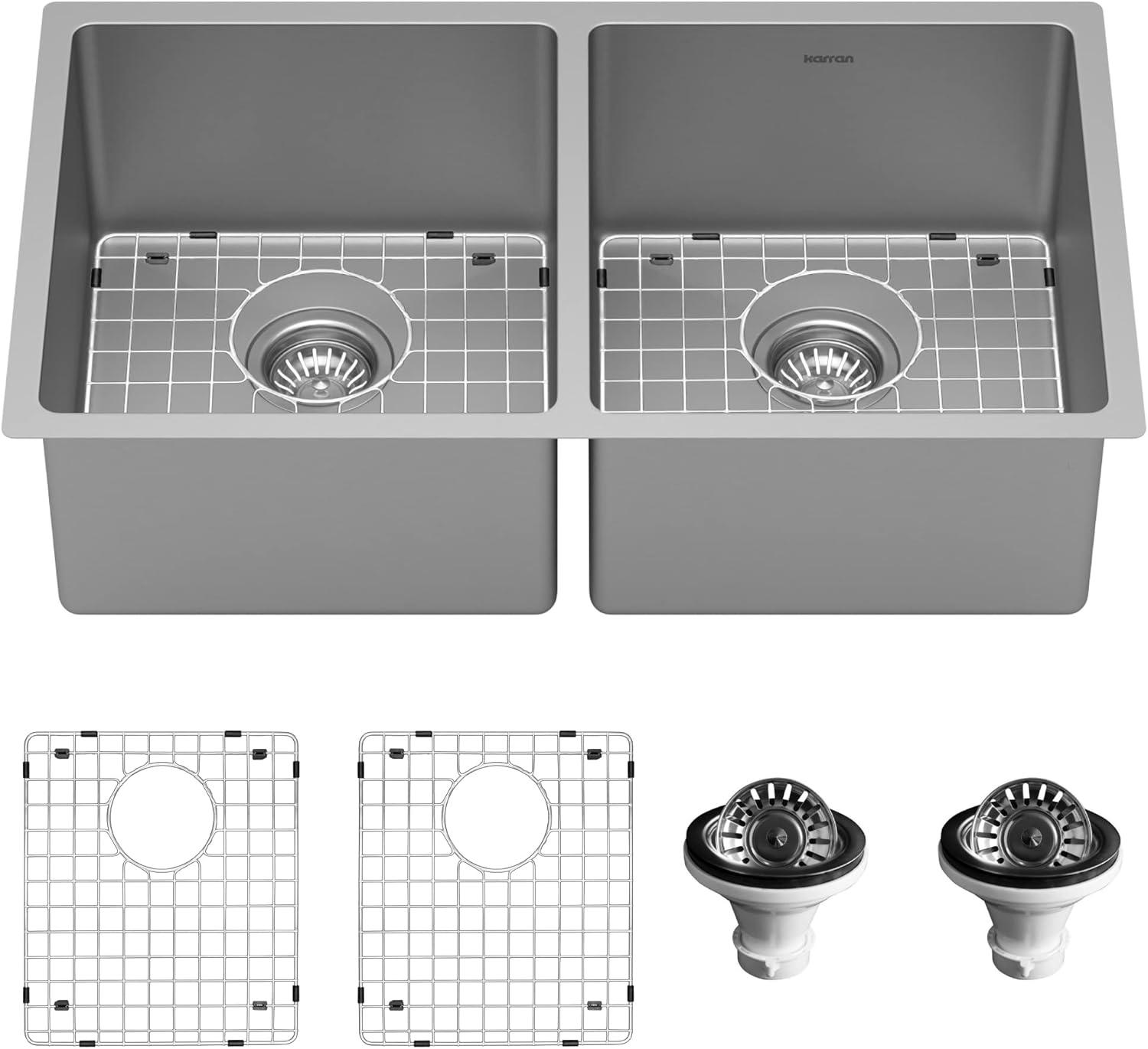 Karran 16-Gauge Stainless Steel 32'' X 18'' 50/50 Double Bowl Undermount Kitchen Sink Kit