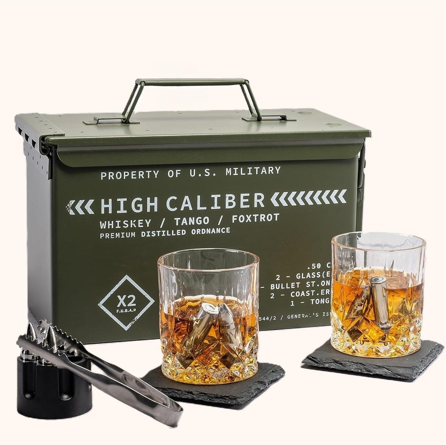 High Caliber Tactical Whiskey Glass Set with Slate Coasters