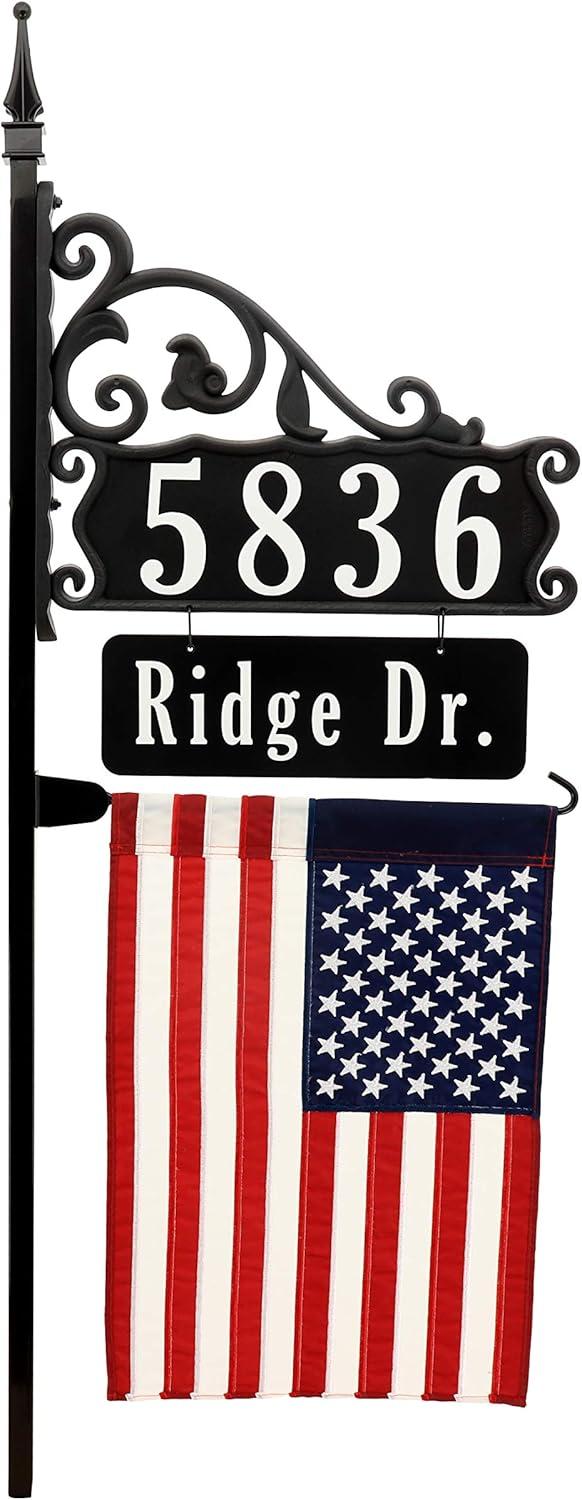 Address America  Boardwalk Address Sign With Name Rider And Flag - 58" Pole - American Flag