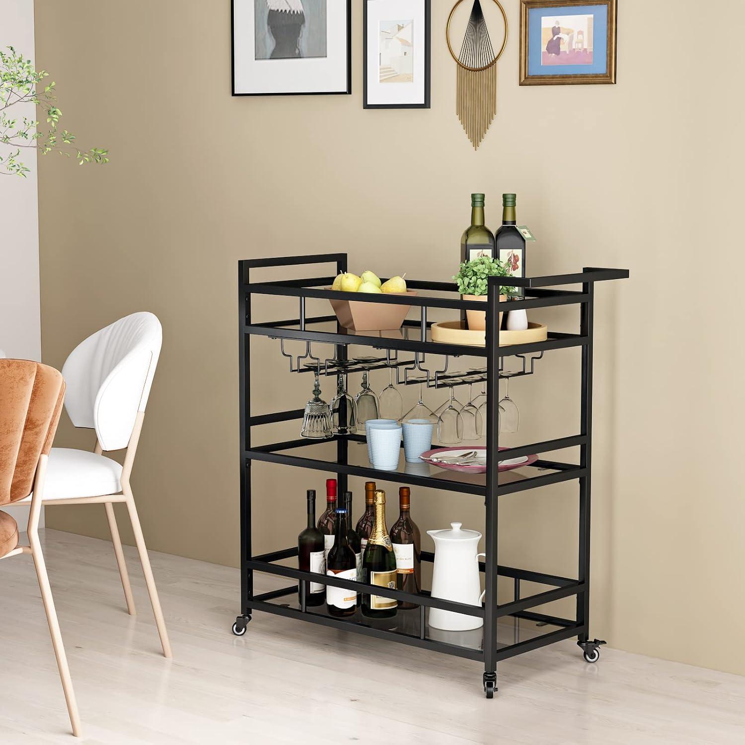 Black Metal 3-Tier Bar Cart with Glass Shelves and Wine Rack