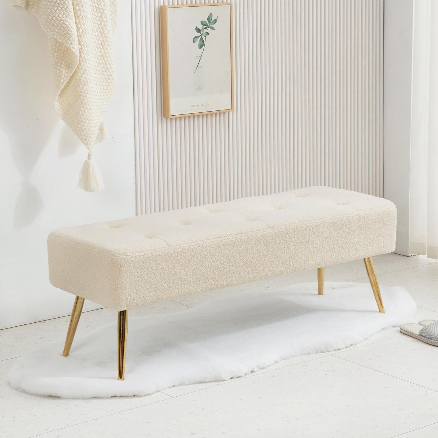 Furniliving Entryway Ottoman Bench Metal Legs Shoe Bench Upholstered Bedroom Bench , Ivory White