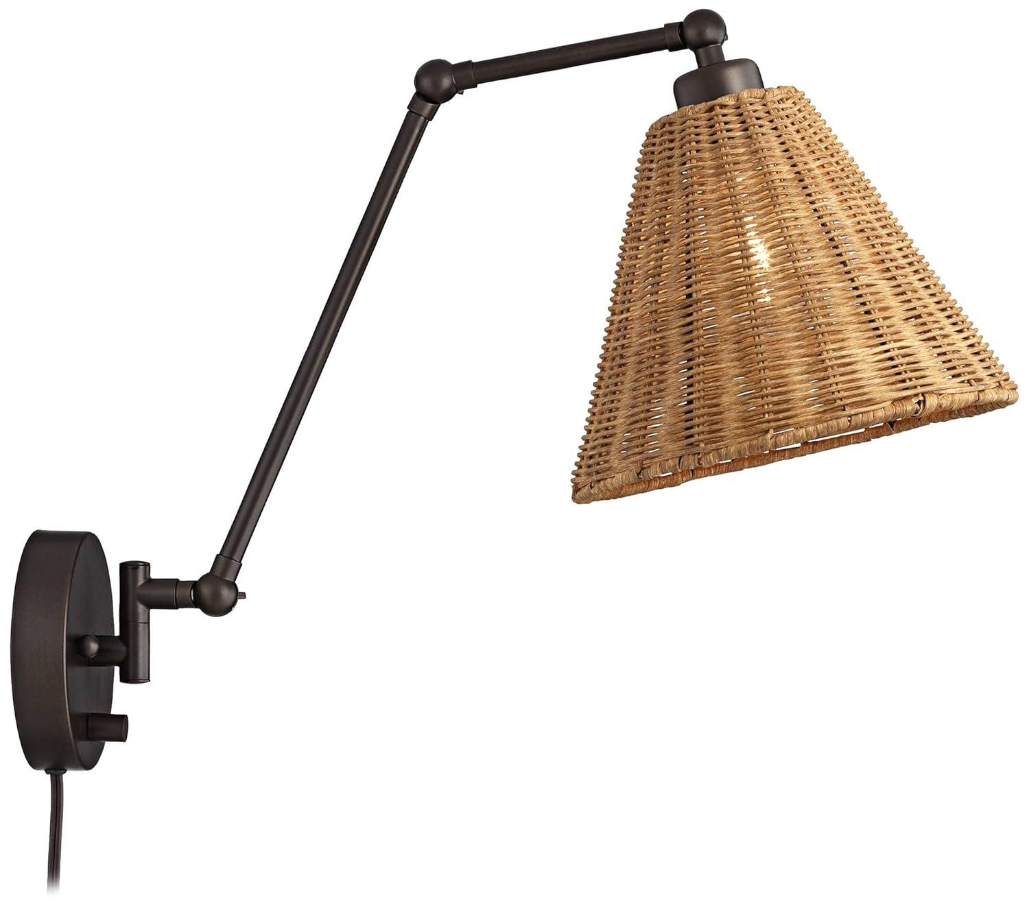 Barnes and Ivy Mid Century Modern Swing Arm Wall Lamps Set of 2 Bronze Plug-In Light Fixture Natural Rattan Shade for Bedroom Bedside House