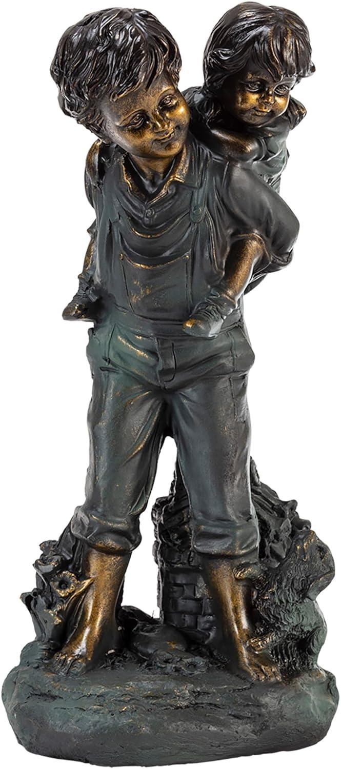 Alpine Corporation 16" Polyresin Girl and Boy with Dog Sitting on Bench Sculpture Bronze: Durable Outdoor Decor, Magnesium Oxide, Rust-Resistant