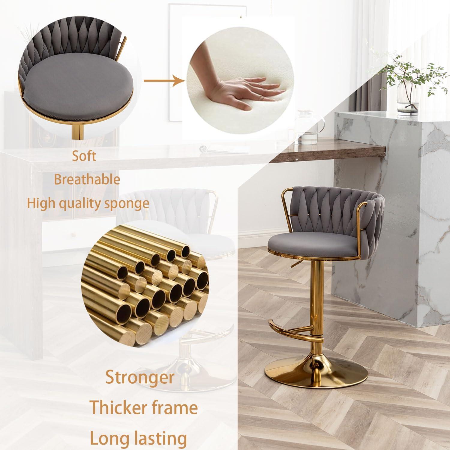 Velvet Bar Stools Set of 2, Counter Height Bar Stools with Low Back, Gold Swivel Barstools for Kitchen Island, Bar Pub (Grey)