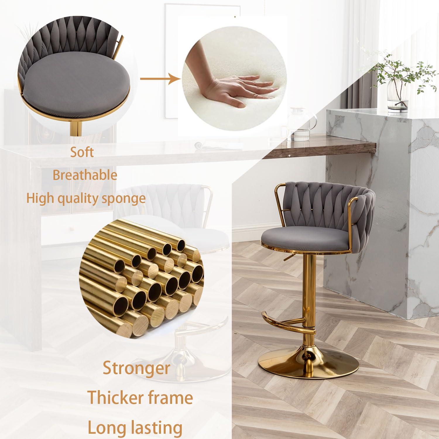 Velvet Bar Stools Set of 2, Counter Height Bar Stools with Low Back, Gold Swivel Barstools for Kitchen Island, Bar Pub (Grey)