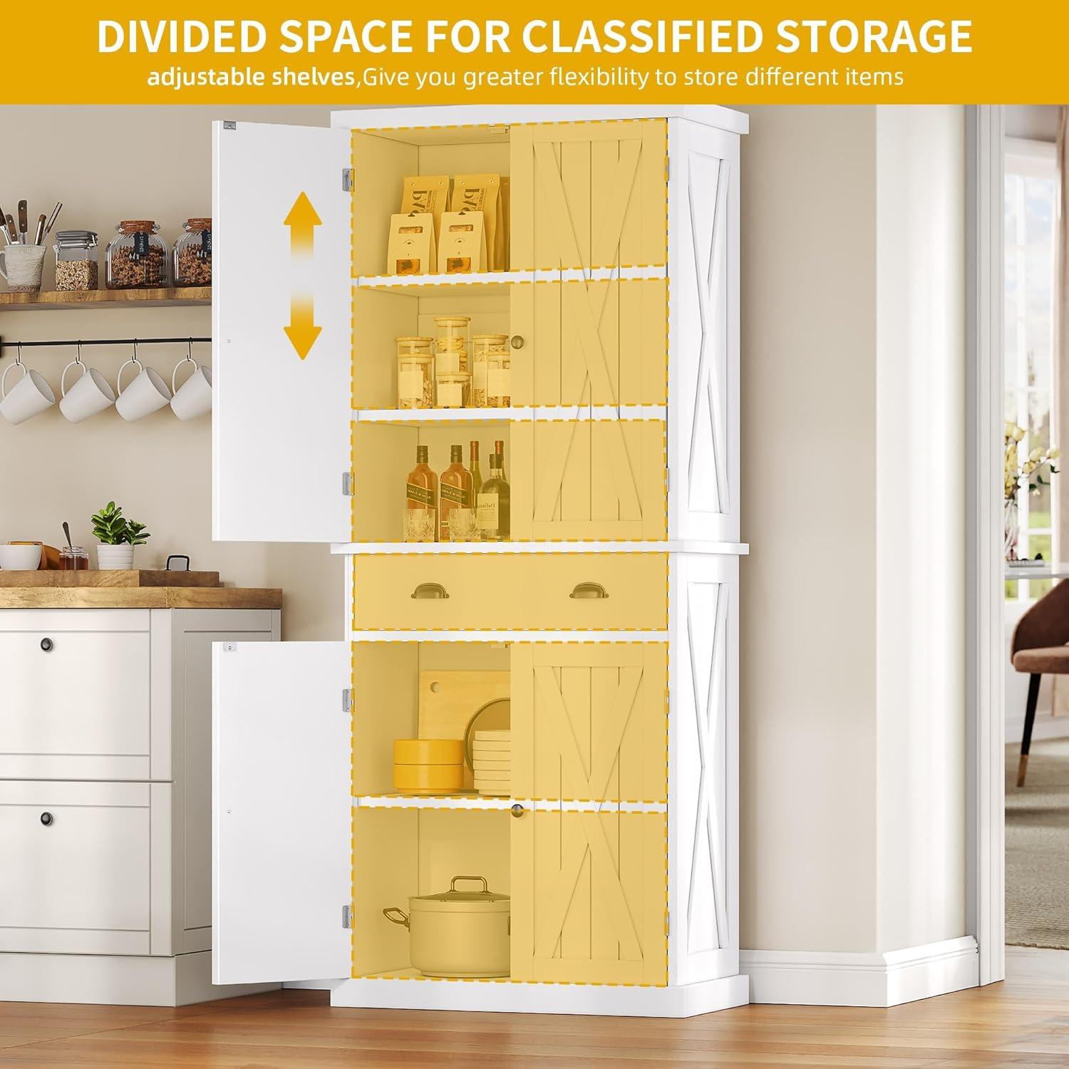 Gracie Oaks Sneyd 72" H Wood Farmhouse Kitchen Pantry Cabinet with Adjustable Shelves & Drawer