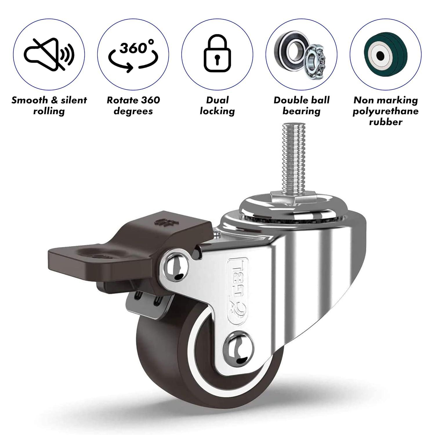 GBL Polyurethane 1 in Swivel Casters with Brakes, Silver, 4 Count, 4 Pack