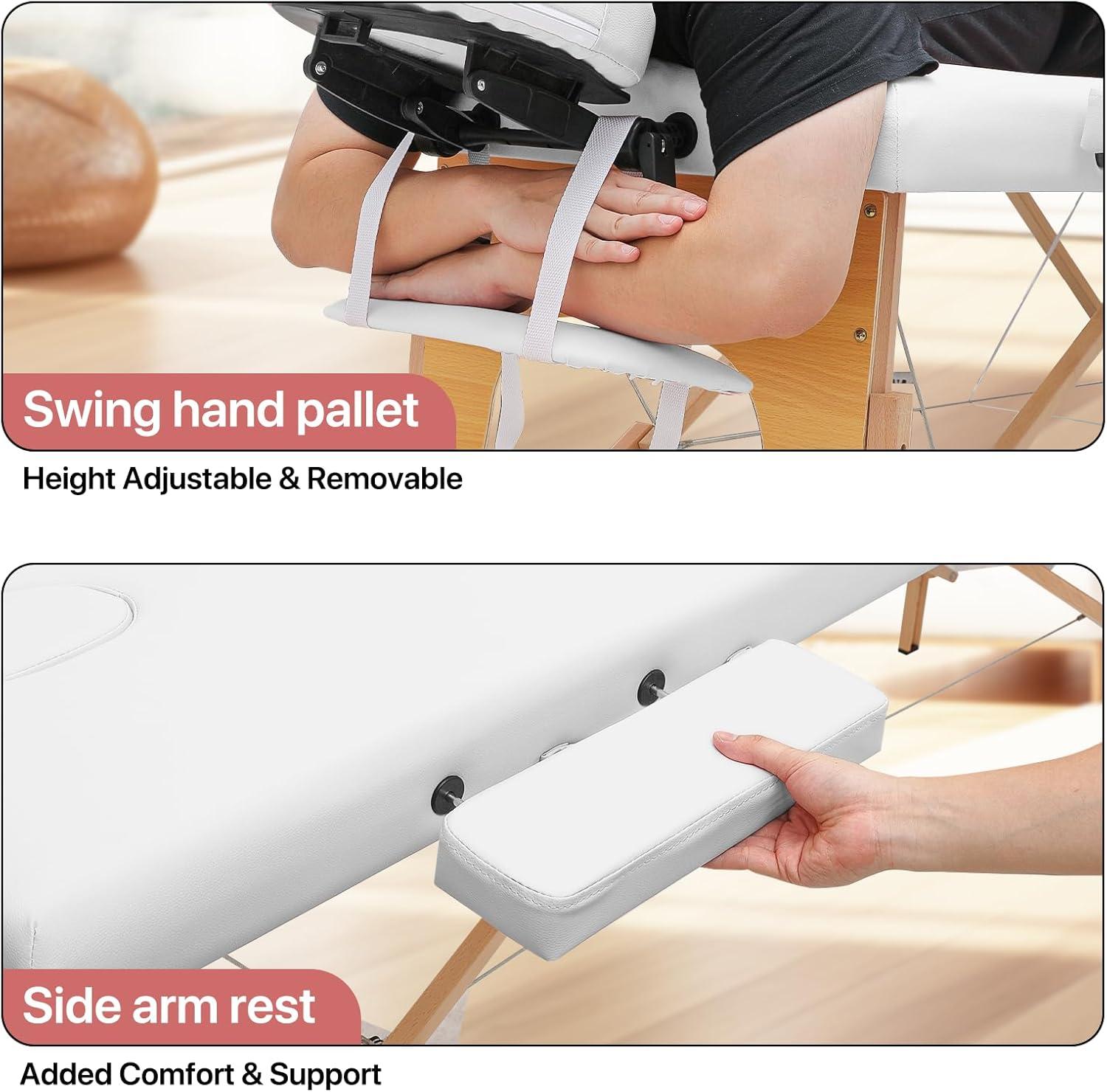 MoNiBloom Portable Massage Table Spa Bed, 24.5" to 33.5" Height Adjustable Two Fold Massage Bed / Facial Salon Tattoo Bed with Carry Bag for Beauty Salon and Family, Beechwood, White
