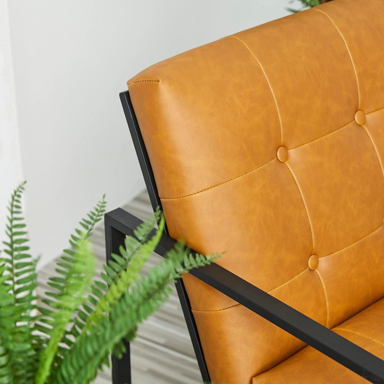 Mid-Century Modern Leatherette Button Tufted Arm Accent Chair Camel - Glitzhome: Chrome-Plated Metal Frame, Polyurethane Upholstery